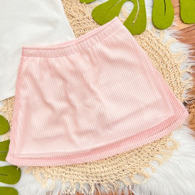 Conj. Blusa com Manga Flare com Strass e Saia Canelado com Tule - Off White e Rosa